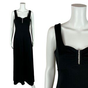 Vintage 70s Formal Dress Women's Extra Small Black Silver Rhinestone Detail